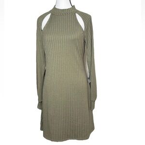 Good Luck Gem M Olive Green Ribbed Cut Out Mock Neck Long Sleeve Mini Dress Y2K